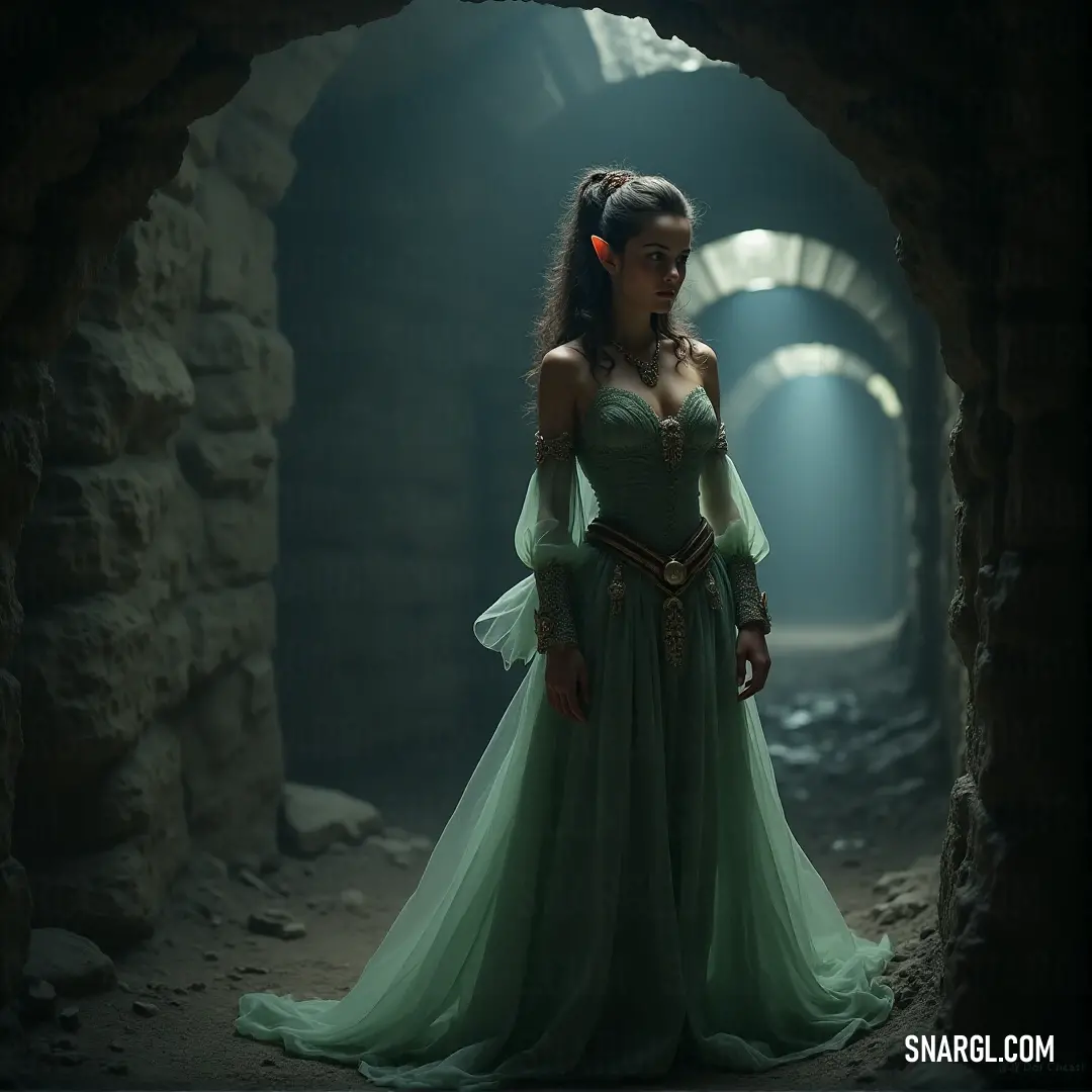 Pearl Took in a green dress, standing in a mysterious tunnel with light ahead Pearl Took stands poised in a serene tunnel, her green dress flowing elegantly around her. The soft light at the end of the passageway promises something extraordinary, while the stone walls add a sense of mystery and ancient charm to her surroundings.