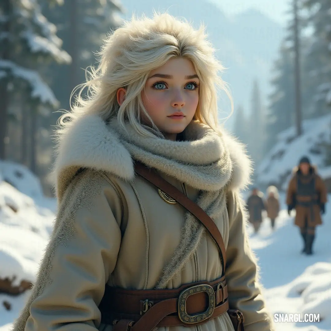Walking through a snowy landscape, a figure clad in a warm fur coat is accompanied by a mysterious man in the background, evoking feelings of camaraderie against the chilly backdrop.