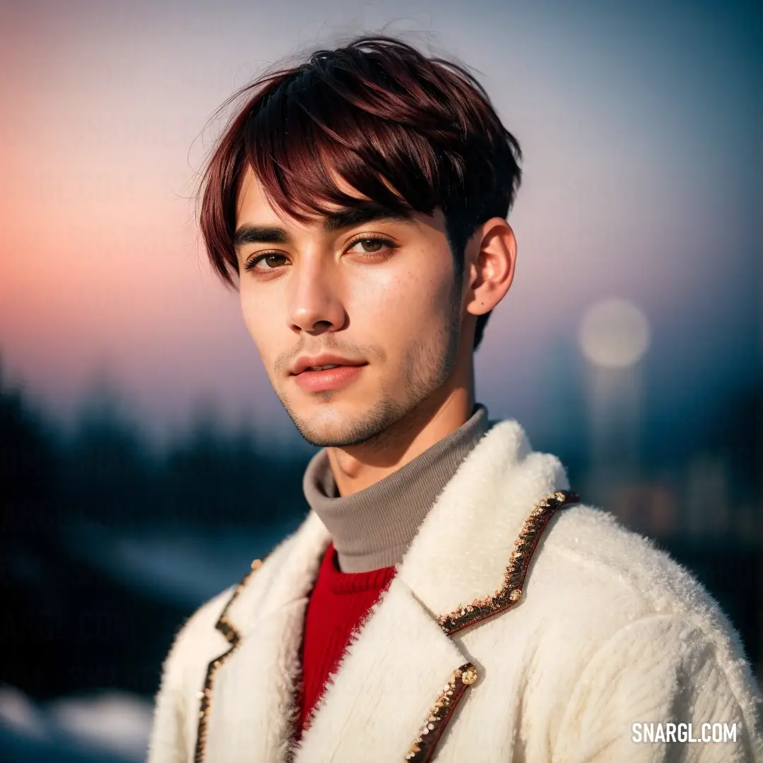Man with a red shirt and a white jacket on posing for a picture in the snow at sunset