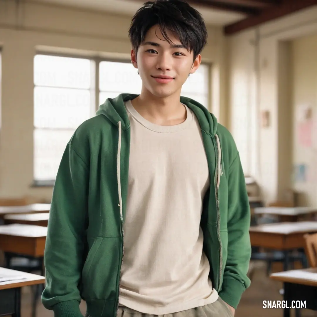 Young man standing in a classroom with a green jacket on and a white shirt on and a black. Example of Pearl color.