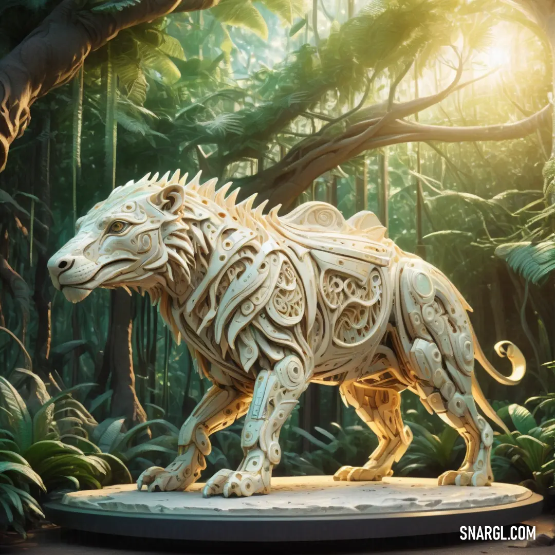 White sculpture of a lion in a forest with trees and plants in the background. Example of #EAE0C8 color.