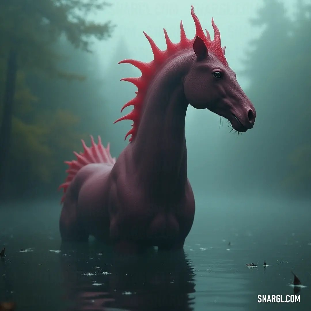 A stunning Pegasopolis, with flowing red hair and a graceful pose, stands elegantly at the water's edge, capturing the melding of beauty and strength. A charismatic Pegasopolis stands gracefully at the water's edge, its head turned slightly while its vibrant red hair flows beautifully, creating a striking contrast against the tranquil blue waters behind it.