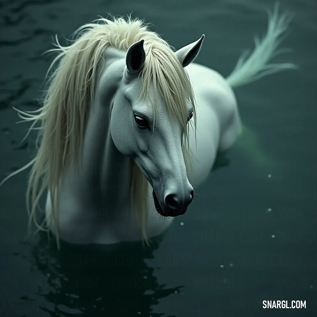 A captivating white Pegasopolis with golden hair, gazing directly at the camera from a serene water setting, exuding an aura of wisdom. A striking white Pegasopolis gazes intently at the viewer, its serene yet serious expression reflected in the calm water, accentuating the golden locks that dance in the gentle waves surrounding it.