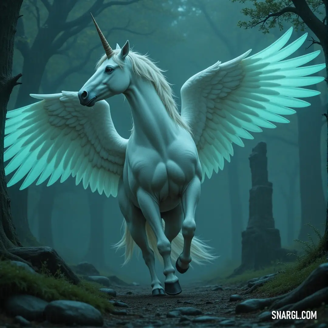 A White Pegasus with wings spread wide races through a forest path, passing stone pillars and lush green trees in a display of pure elegance and power. A White Pegasus with magnificent wings gallops through a forest path, its wings gracefully stretching as it speeds past ancient stone pillars. Trees with vibrant green leaves line the path, creating a lively backdrop for the majestic creature in motion.