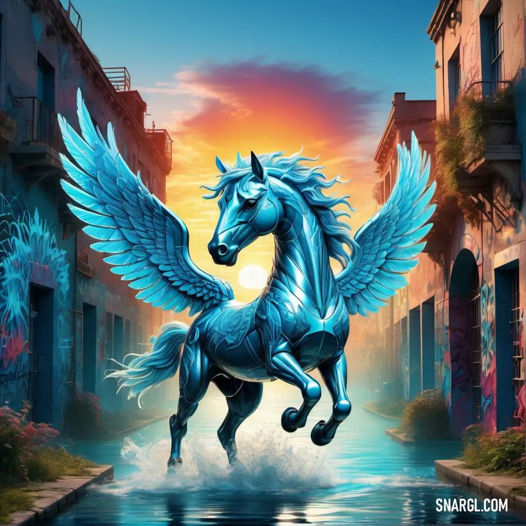 Blue horse with wings is standing in the water in front of a building and a sunset behind it