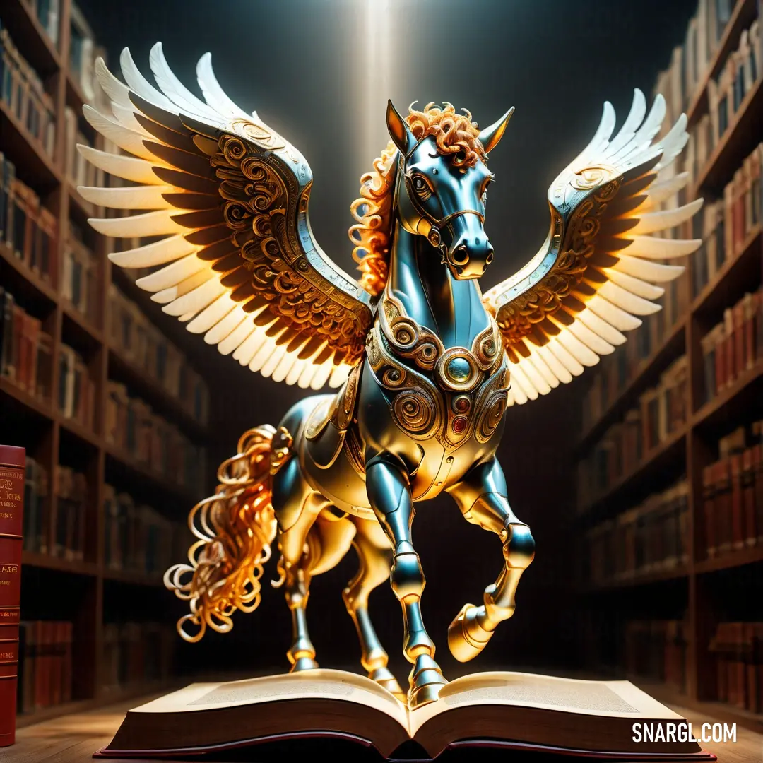Book with a horse statue on top of it in a library with bookshelves and a light