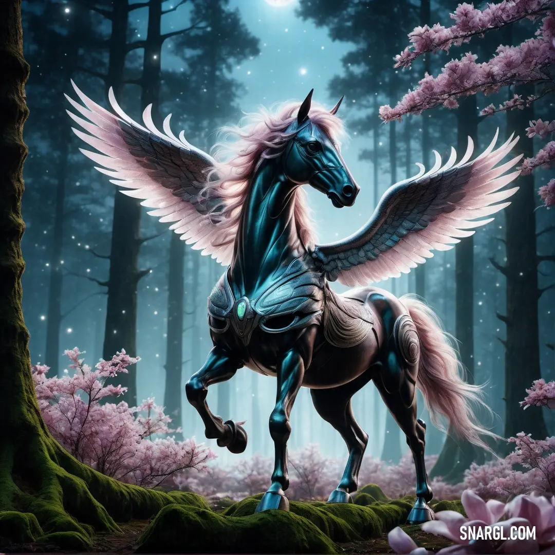 Horse with wings standing in a forest with flowers and trees in the background