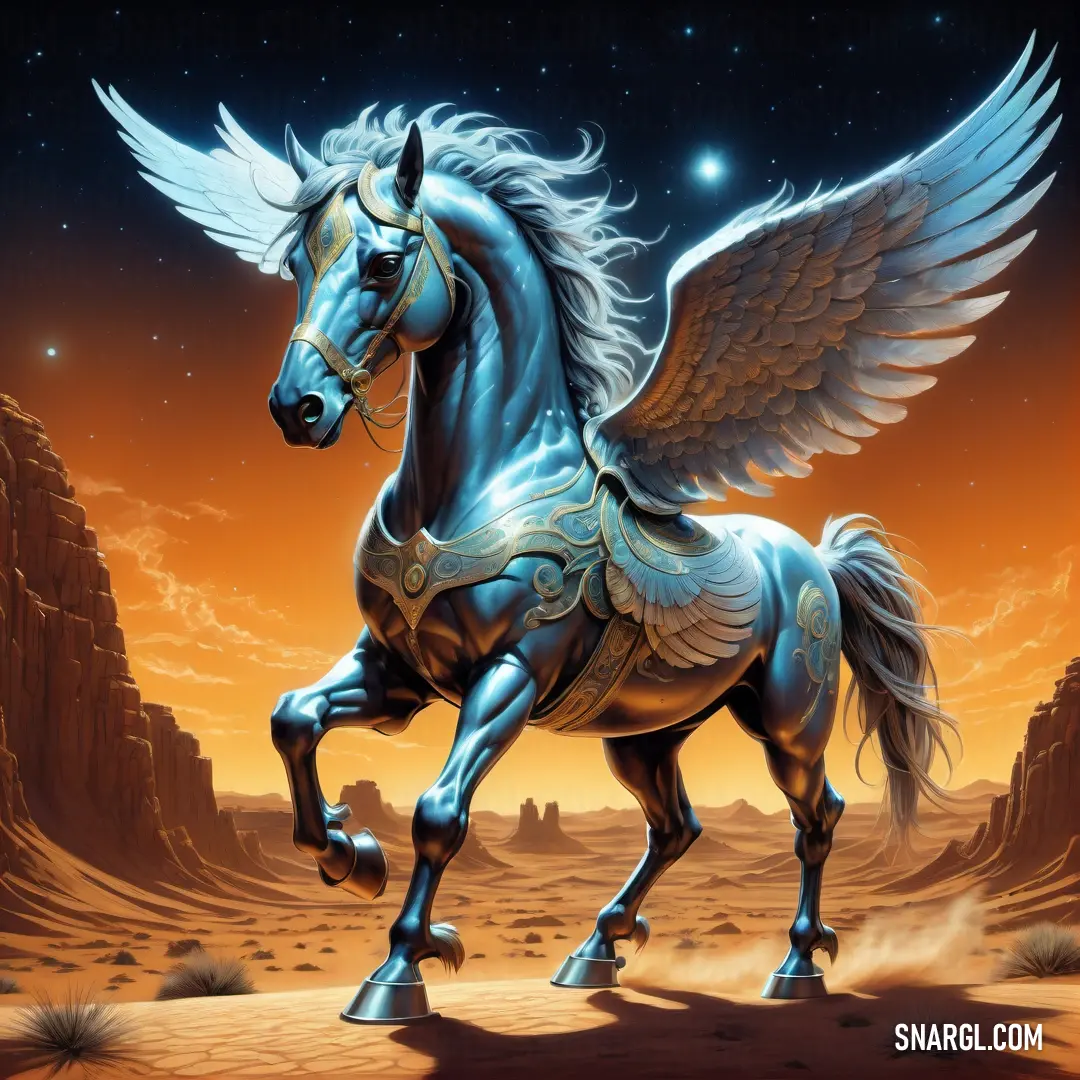 Horse with wings standing in a desert area at night with a bright orange sky behind it and a star filled sky