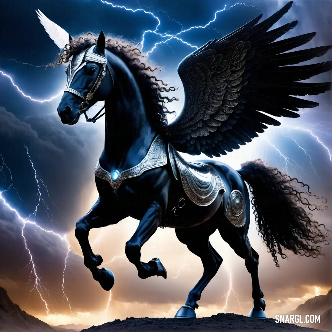Horse with wings is standing in the middle of a lightning storm with its wings spread out and a winged body is visible