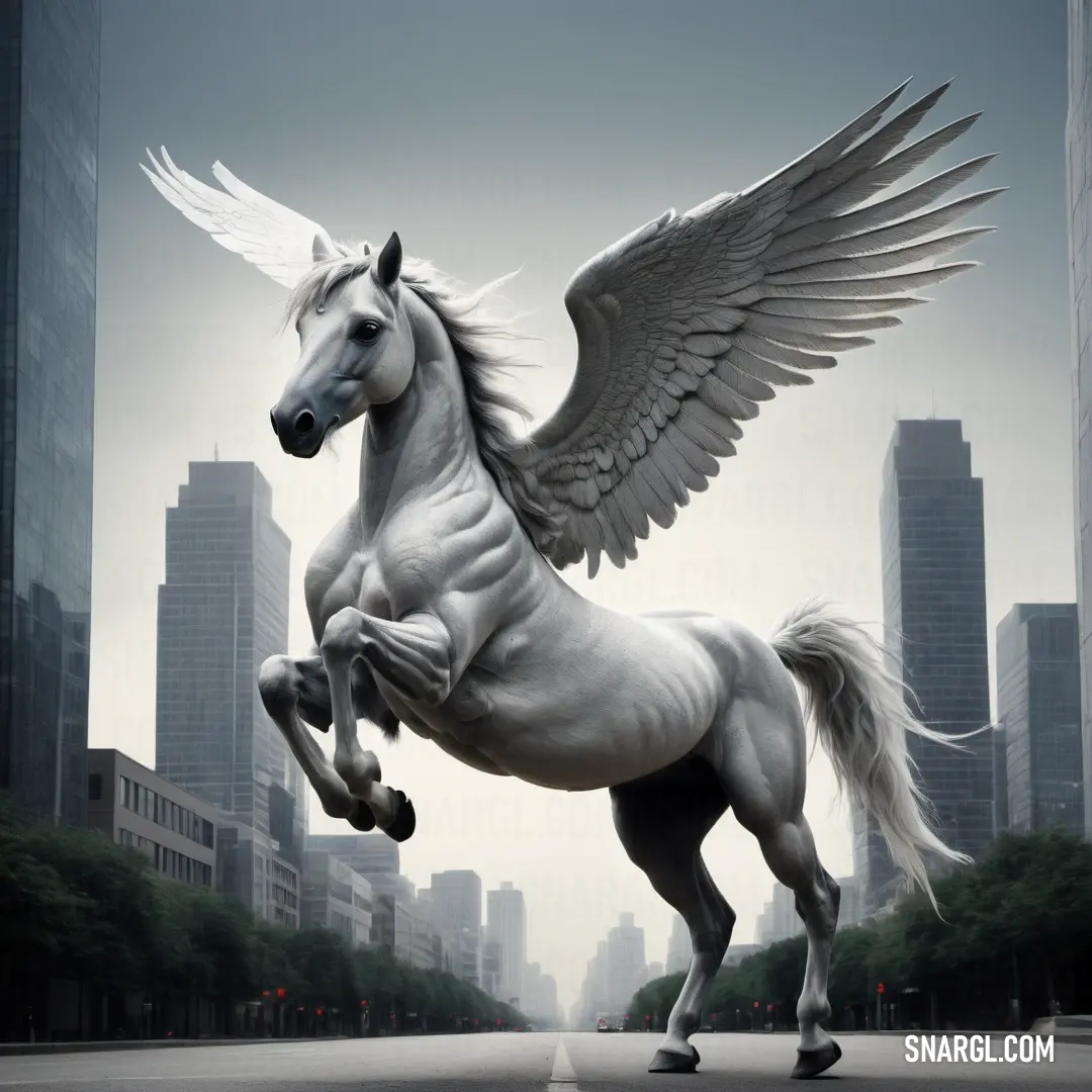 White horse with wings is in the middle of a city street with tall buildings in the background