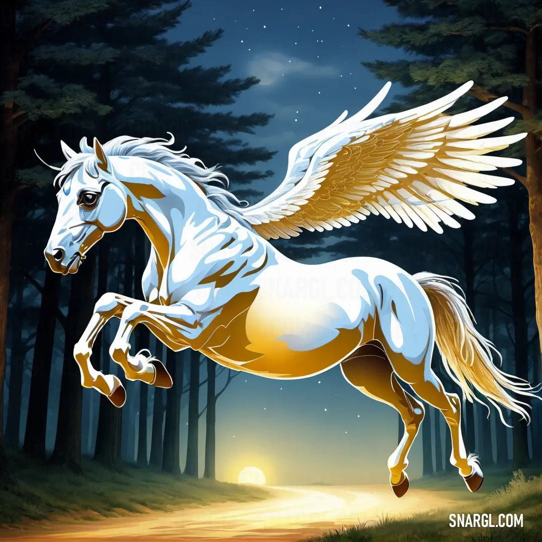 White horse with wings is running through the woods at night with the sun shining through the trees behind it