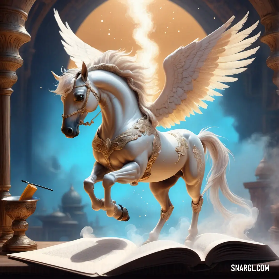 White horse with wings is flying over a book and a candle in the background with a full moon