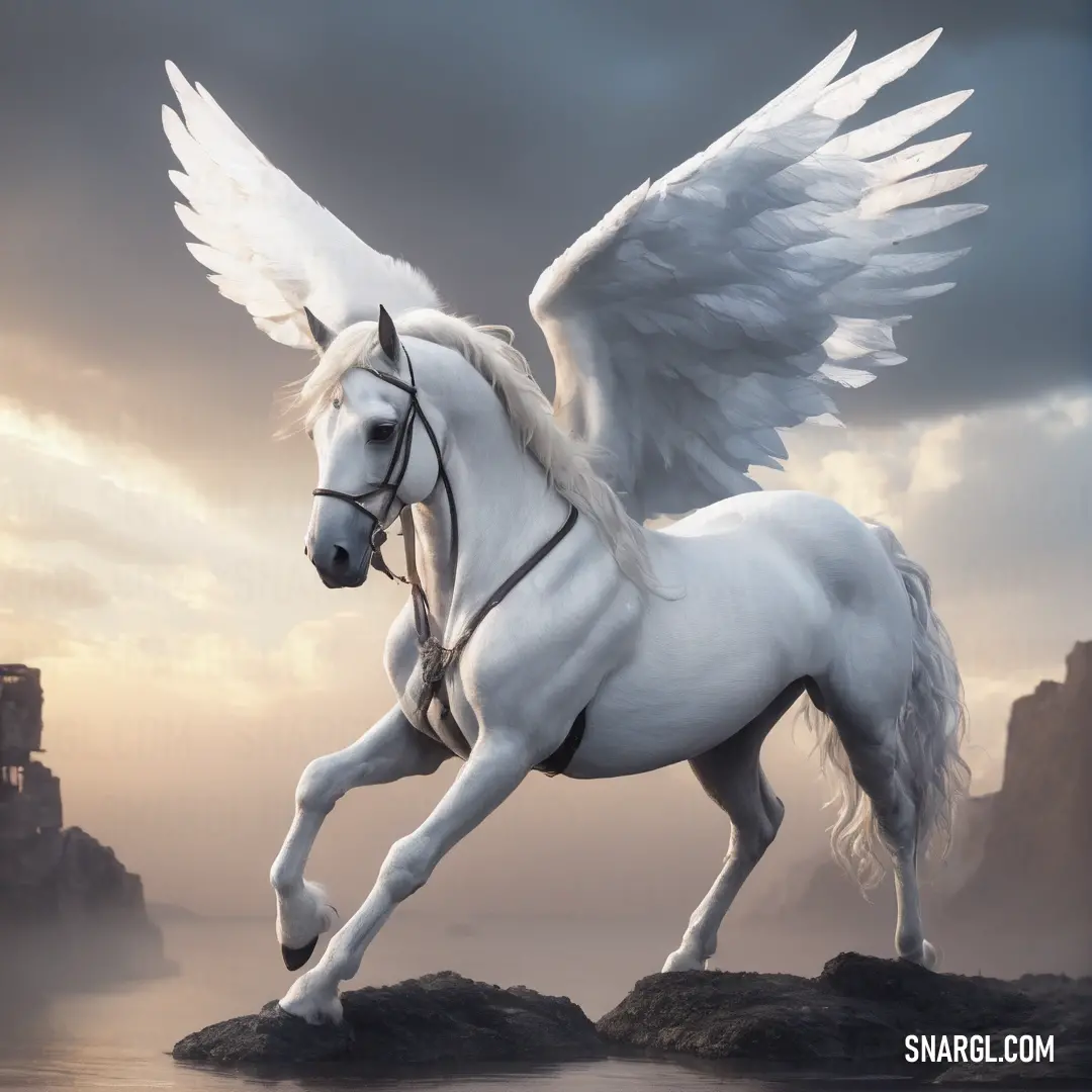 White horse with wings on its back standing on a rock in the water with a castle in the background
