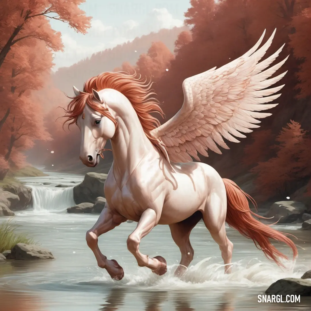 White horse with wings running through a river with a waterfall in the background