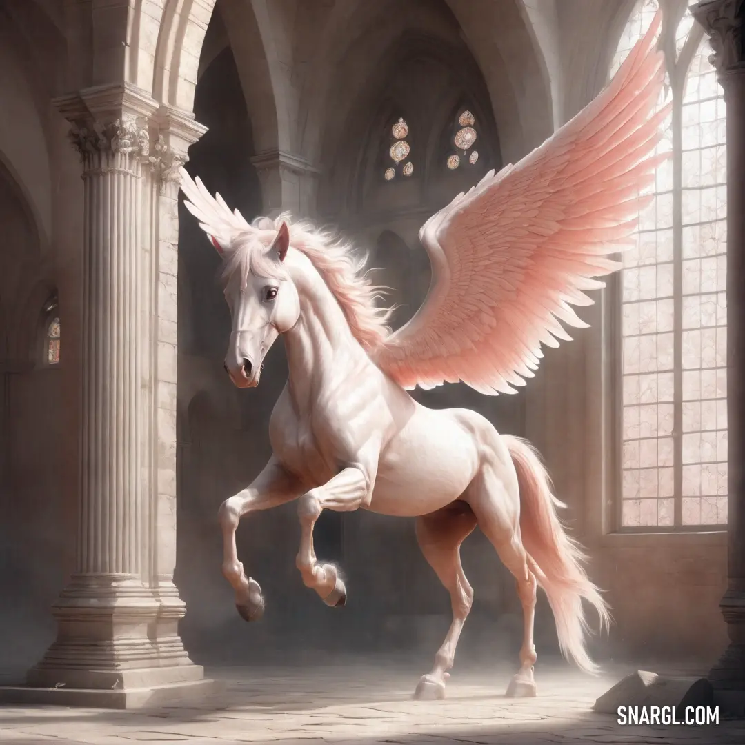 White horse with wings standing in a room with columns and arches in the background