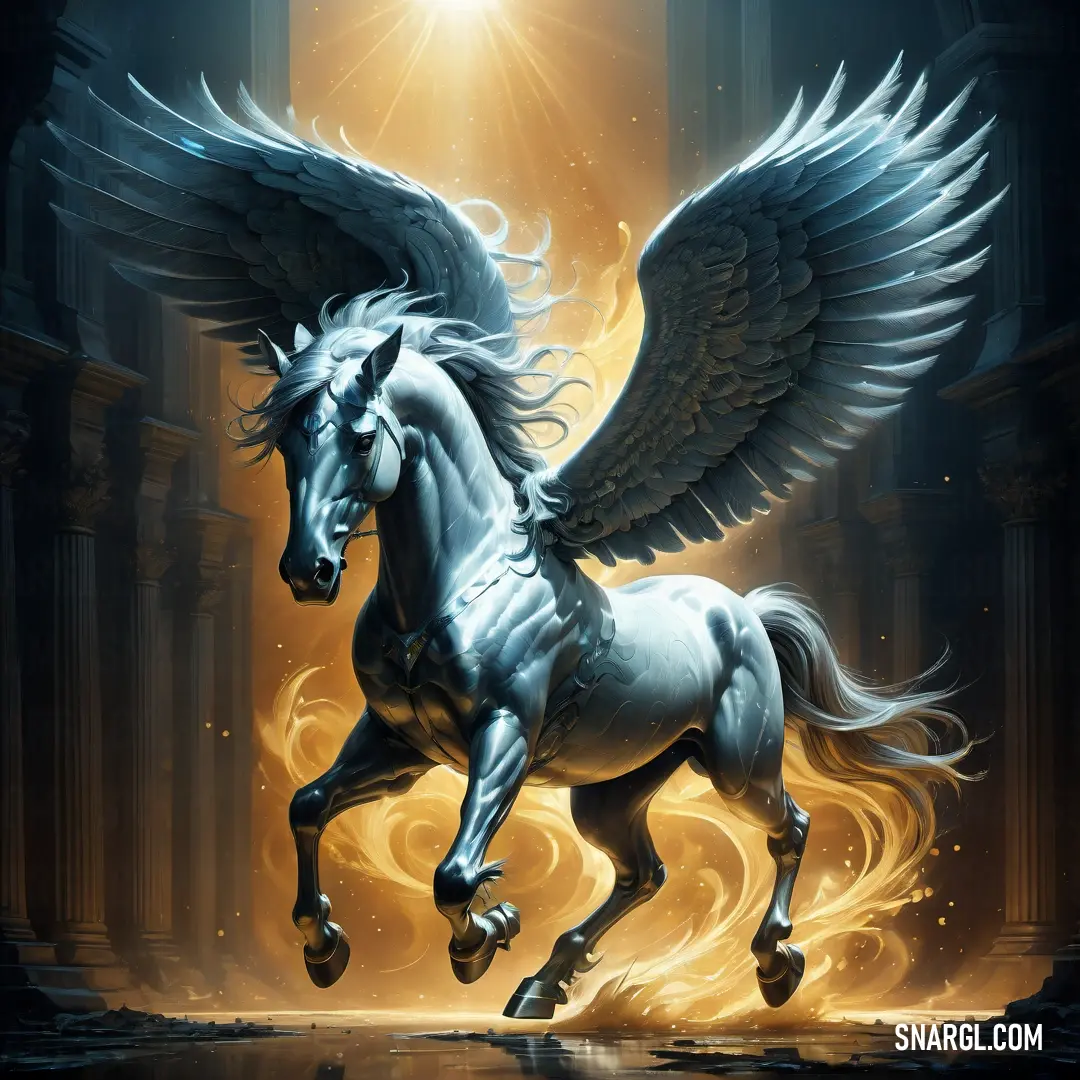 White horse with wings is running through a doorway with a light shining on it's face and body