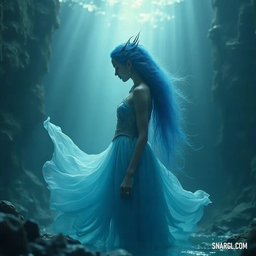 A captivating being with brilliant blue hair illuminated by sunlight in a cave, where the dancing light on the water creates a stunning visual of peace and enchantment. A mystical figure with flowing blue hair stands gracefully in a sunlit cave, the shimmering water reflecting light around her, creating an enchanting ambiance filled with serenity and wonder. Her presence evokes a sense of magic and tranquility.