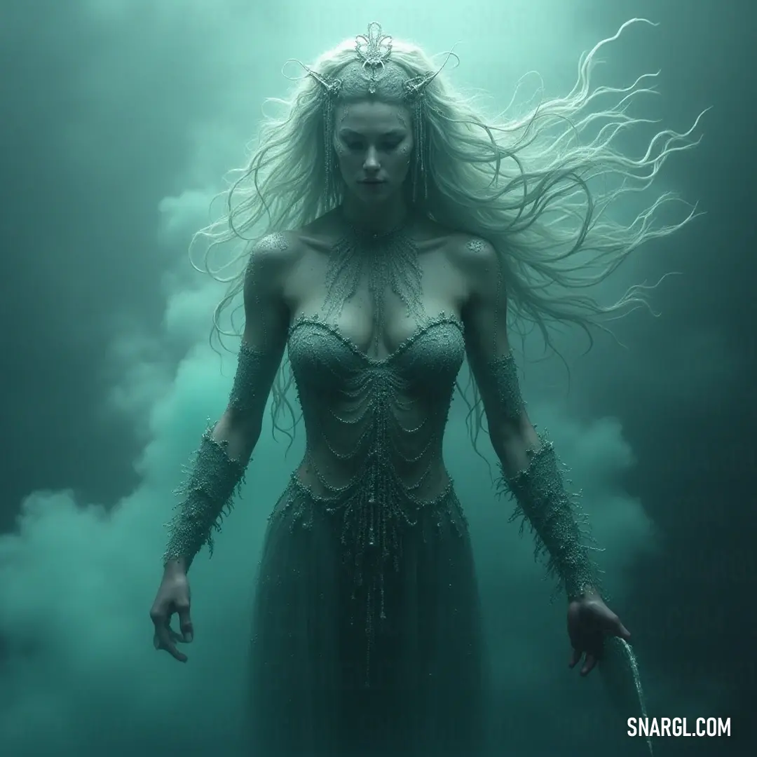 A striking figure wields a sword amidst serene waters, with dramatic clouds in the background, a testament to resilience and valiance in the face of adversity. A powerful being with long flowing hair stands in tranquil waters, holding a majestic sword with clouds swirling dramatically behind her, embodying strength and bravery against a captivating sky backdrop filled with colors.
