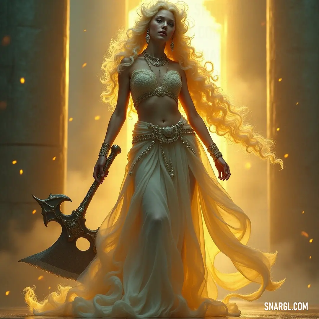 A powerful warrior clad in a flowing white dress grips a sparkling axe and a glowing sword, standing proudly with an aura of authority. The soft light illuminating her figure evokes a sense of magic and allure, hinting at the epic battles she has faced an