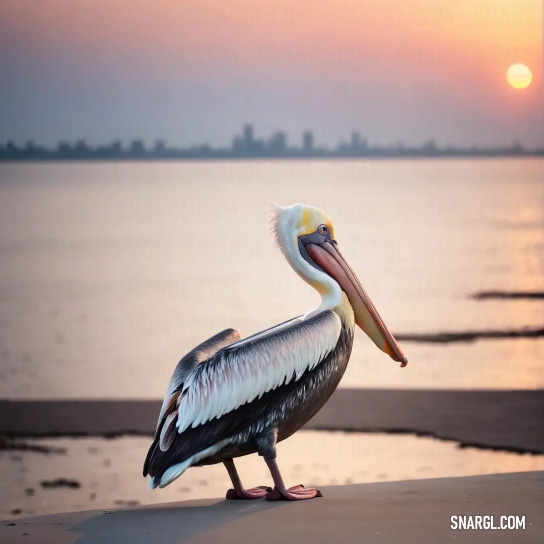 A pelican stands on a ledge near the water’s edge, the warm glow of the sunset or dawn casting a golden hue over the scene. A bustling city can be seen in the distance, offering a stark contrast to the peaceful bird.