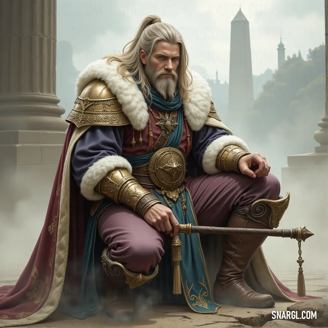 Pellinore stands atop a stone pillar, sword raised high in the air, his regal costume making him a symbol of valor and strength in the face of any trial. Pellinore, in a majestic costume, stands proudly atop a stone pillar, his sword held high. The air is thick with the promise of adventure, and the stone beneath his feet reflects his unyielding resolve.