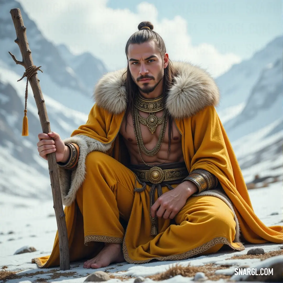 Penance, dressed in yellow, stands resiliently on a snowy mountain peak, her fur collar and staff the only signs of life in the endless white. Penance, clad in a striking yellow outfit, stands alone atop a snow-covered mountain, her fur-collared cloak billowing in the cold wind. She holds a sturdy stick, eyes fixed on the distant snowy peaks under the clear, icy sky.
