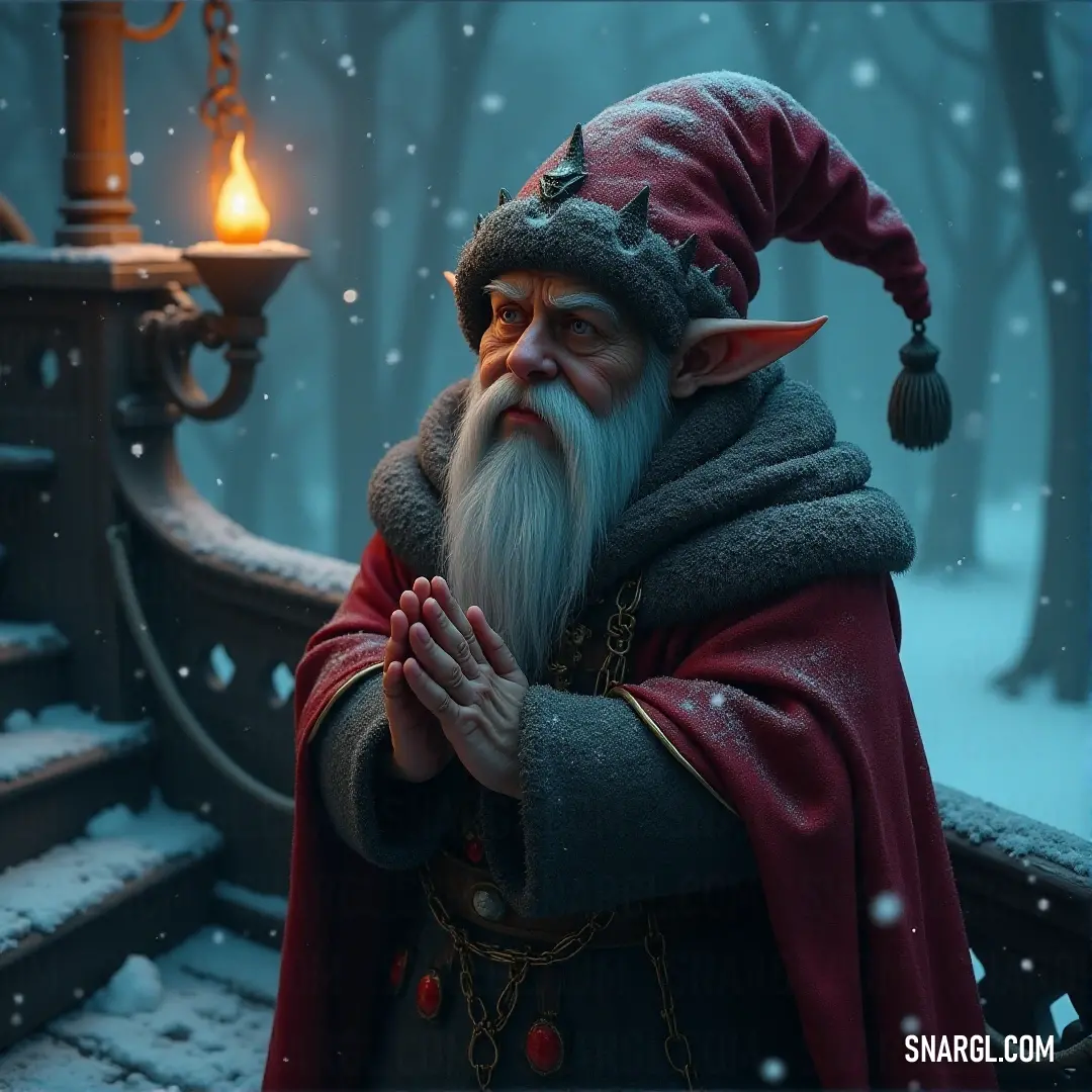 Penwig, the wizard, standing at a snowy stairway with a glowing lantern guiding his way Penwig, dressed as a wizard, stands at the base of a snow-covered stairway, a glowing lantern illuminating the path. The air is cold and crisp, adding to the mystique of his magical journey.