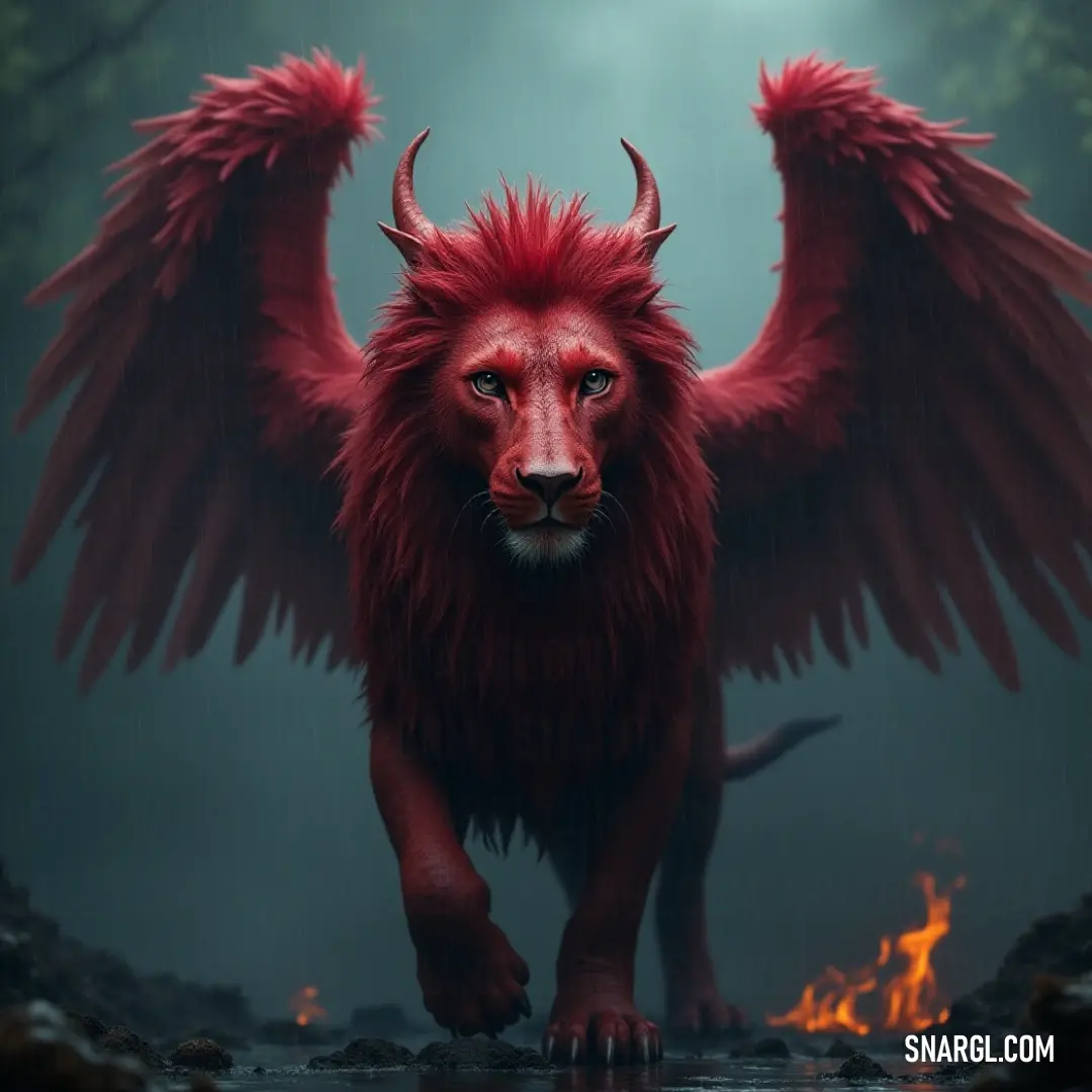 An awe-inspiring being with radiant red wings boldly ventures through flames and smoke, embodying strength and resilience amidst a fiery backdrop. A fiery scene unfolds as a bold figure with iridescent red wings strides confidently through a fiery landscape of smoke and flames, showcasing power and strength.