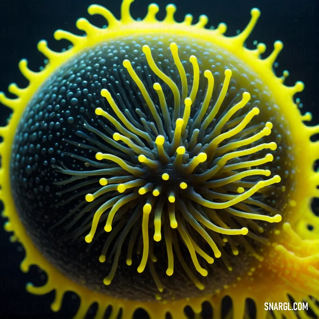 Close up of a sea anemone with yellow and blue colors on it's body and a black background. Color CMYK 0,2,100,10.