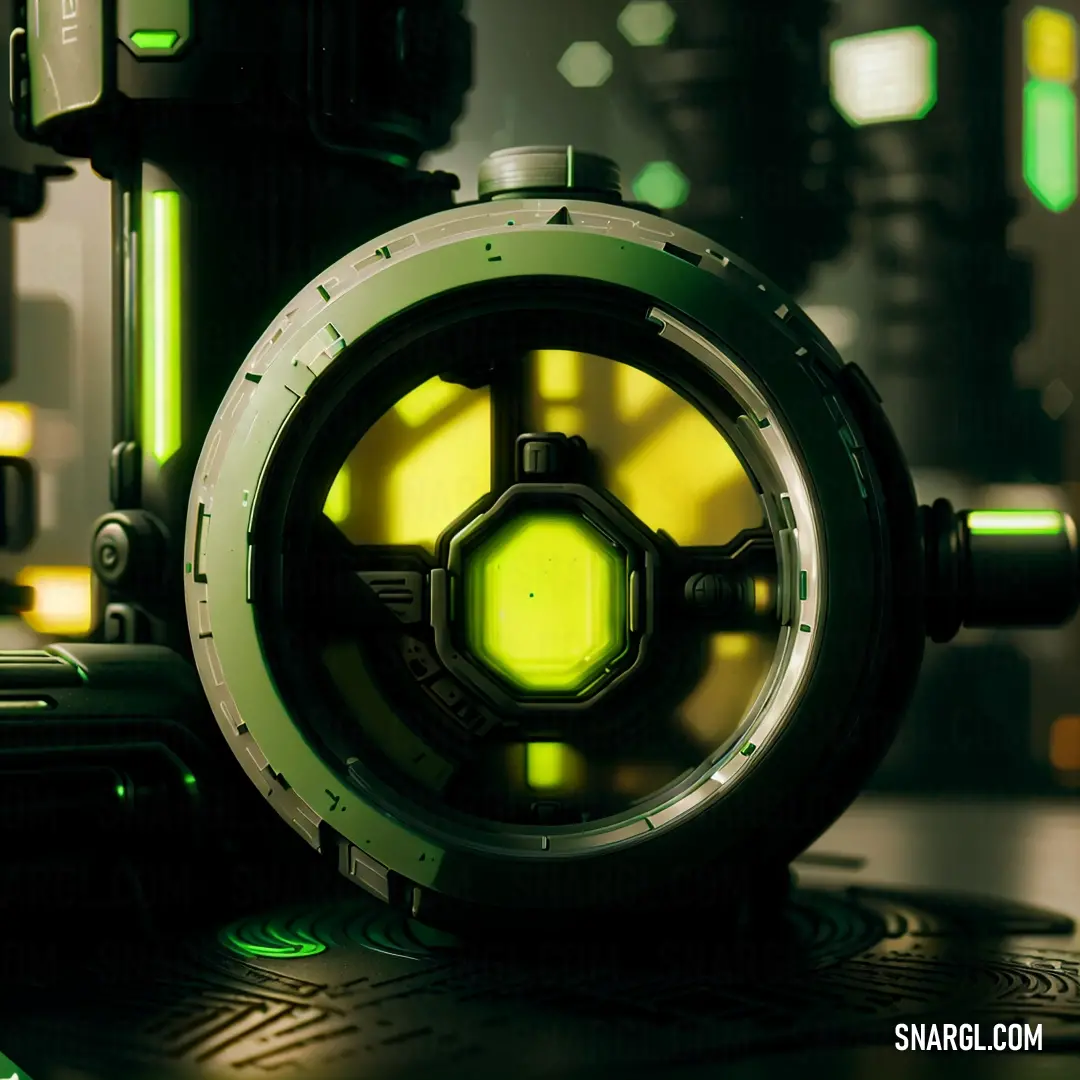 Futuristic looking object with a green light in the center of it's body