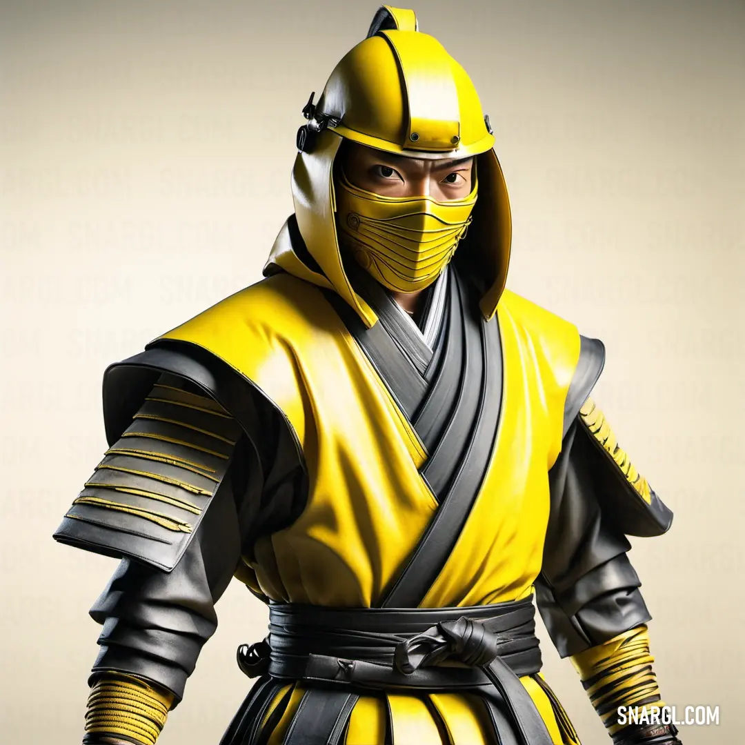 Man in a yellow and black outfit with a helmet on and a sword in his hand and a yellow. Color CMYK 0,2,100,10.