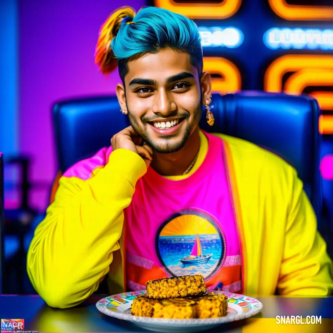 Man with blue hair at a table with food on a plate in front of him and a neon sign behind him