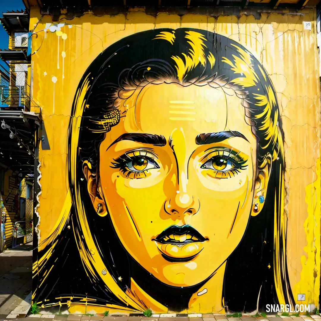 Painting of a woman's face on a yellow wall with a blue sky in the background and a building with a balcony