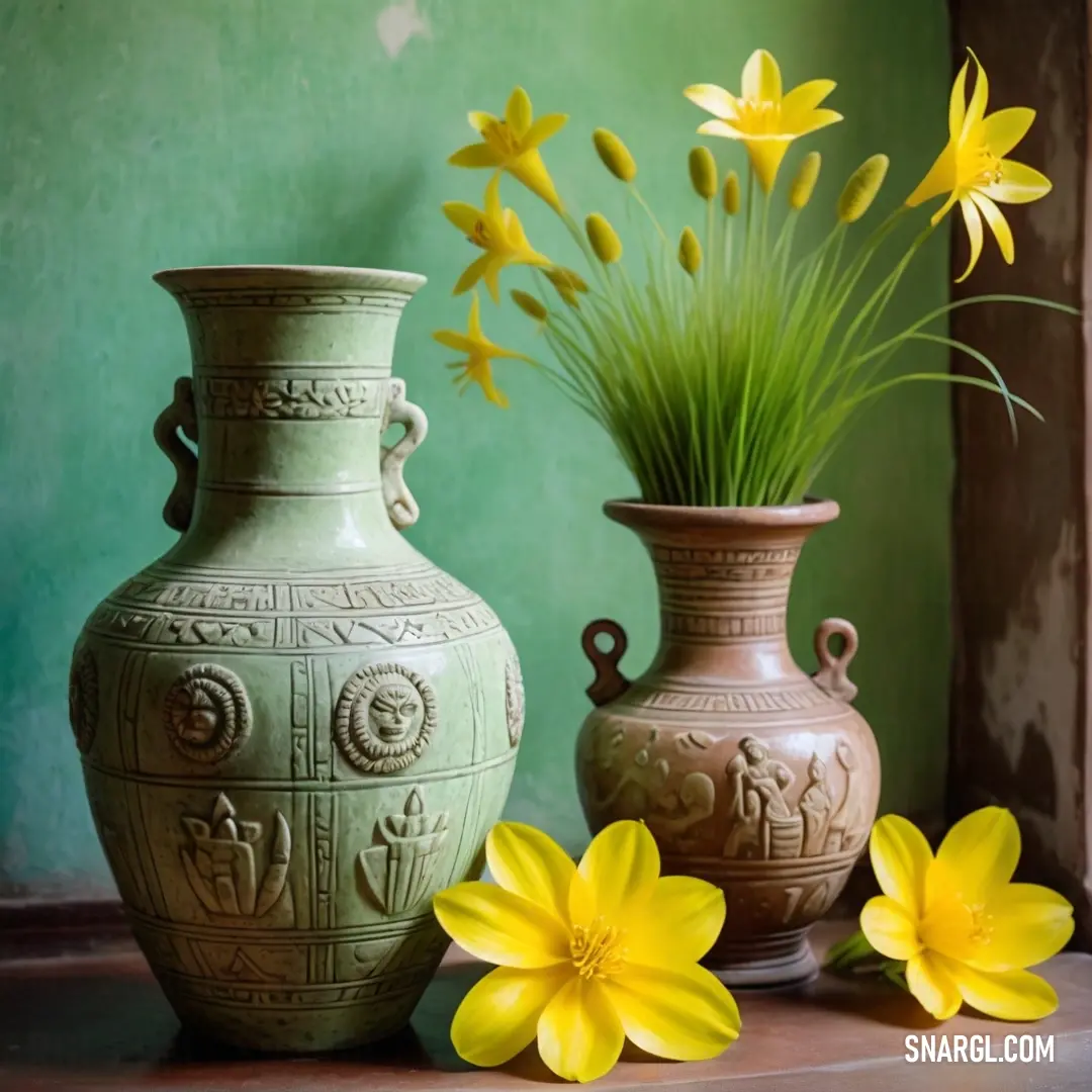 Peridot color. Couple of vases with flowers in them on a table next to a wall