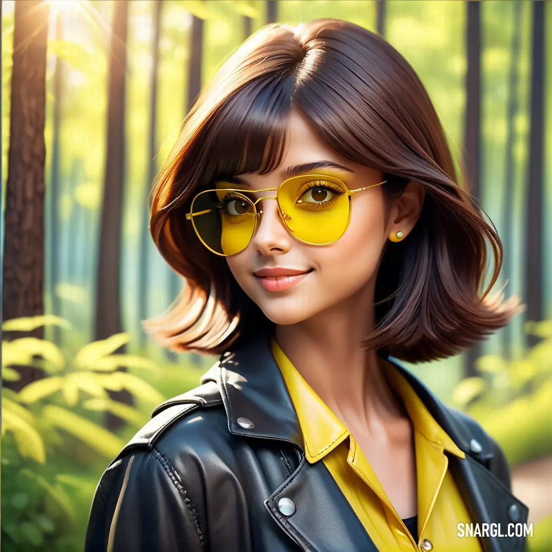 Woman with yellow glasses in a forest setting. Example of Peridot color.