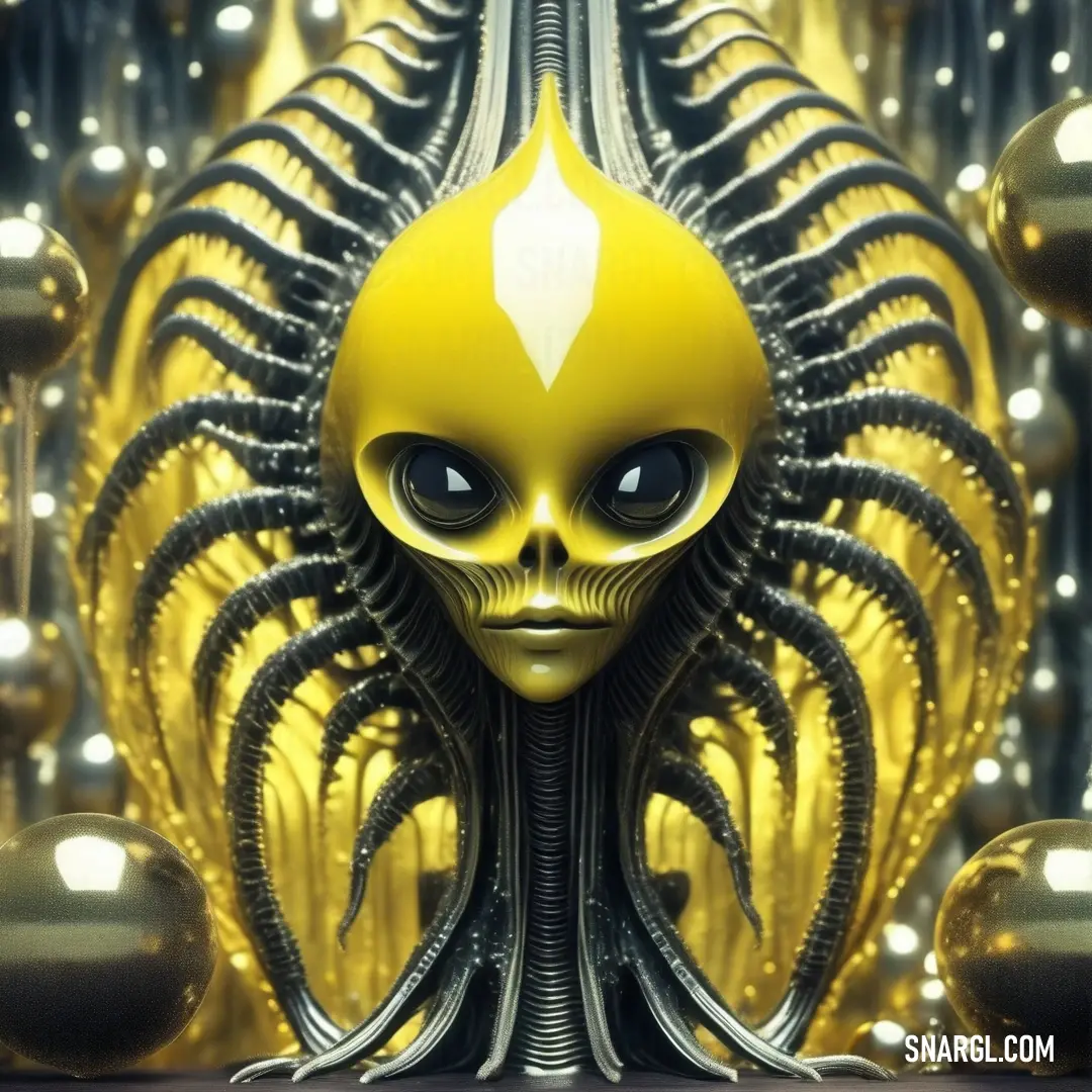 Yellow alien head with black eyes and a yellow body with black eyes and a gold body with black and silver details