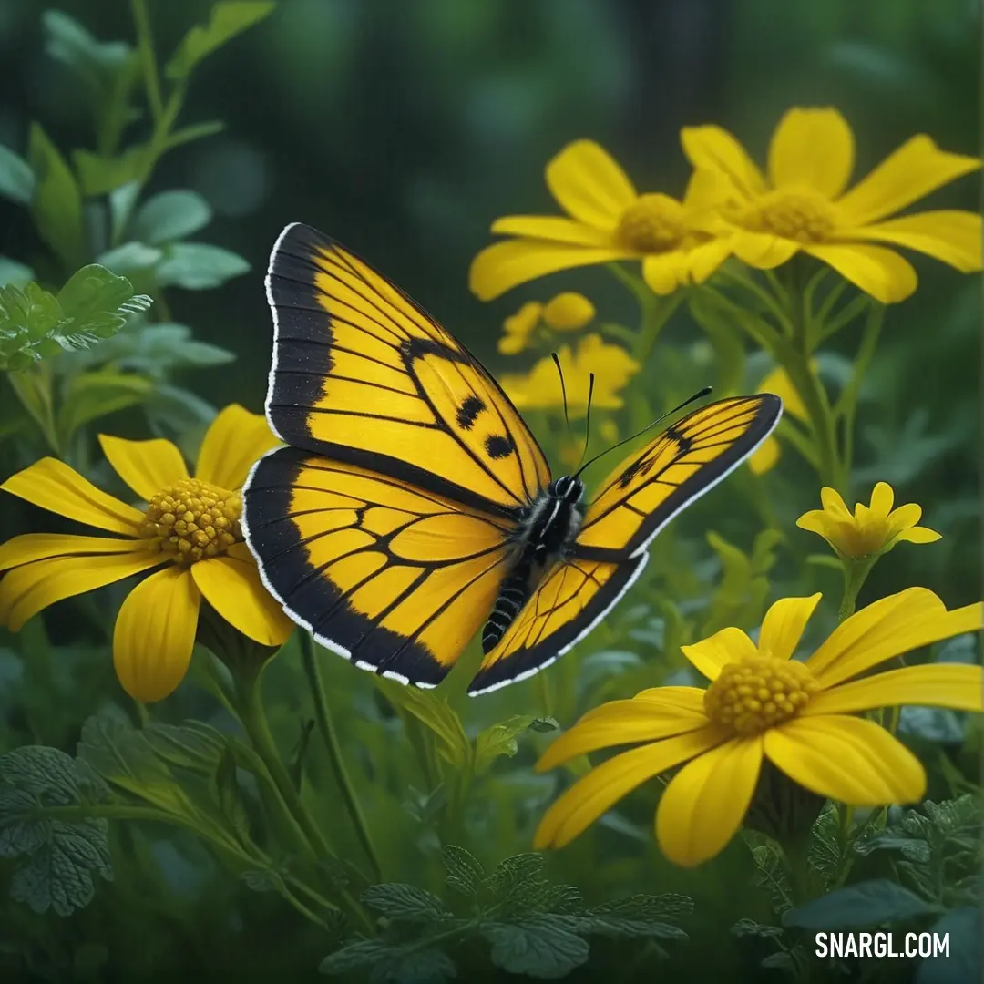 Yellow butterfly on a yellow flower in a field of yellow flowers with green leaves and a blurry background. Example of #E6E200 color.