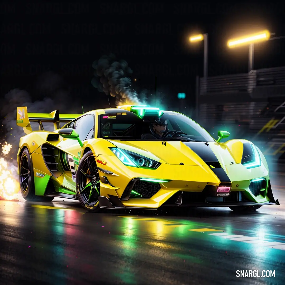 Yellow sports car with a green light on top of it's hood is driving down a wet road. Example of RGB 230,226,0 color.