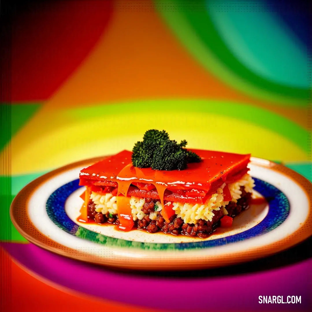 Plate with a piece of food on it on a table with a colorful background