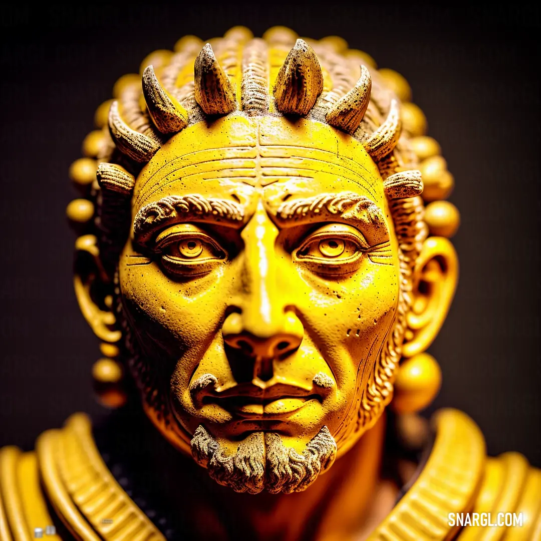 Statue of a man with a beard and a crown on his head is shown in a black background. Example of #E6E200 color.