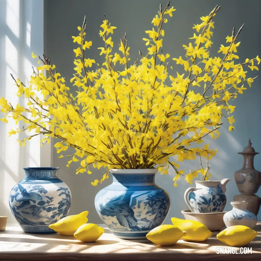 Vase with yellow flowers and some blue and white vases with lemons on a table in front of a window. Color Peridot.