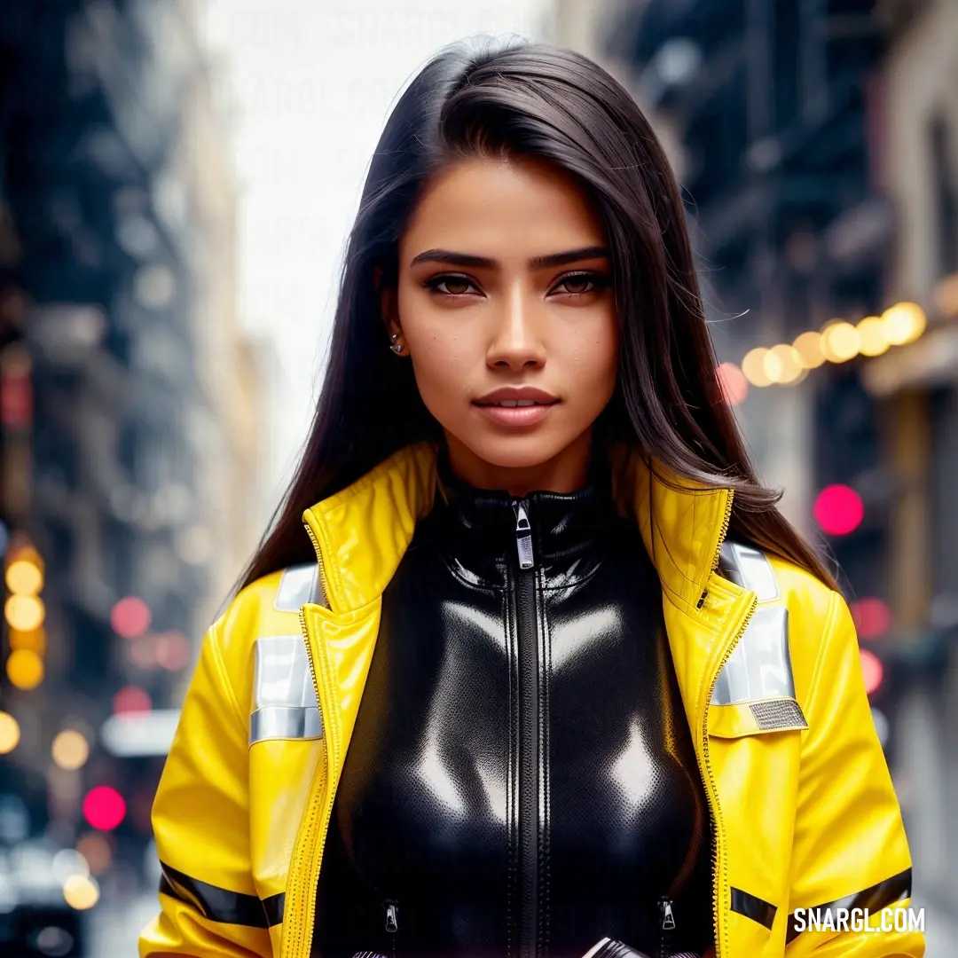 Woman in a yellow jacket and black pants is standing on a street corner with a camera in her hand. Color CMYK 0,2,100,10.