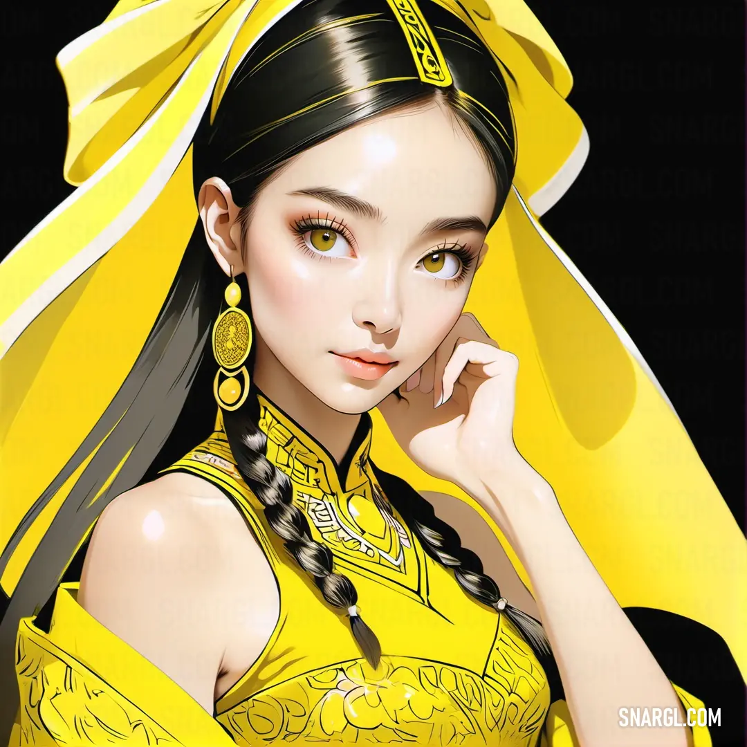 Woman with a yellow dress and a yellow scarf on her head. Example of CMYK 0,2,100,10 color.