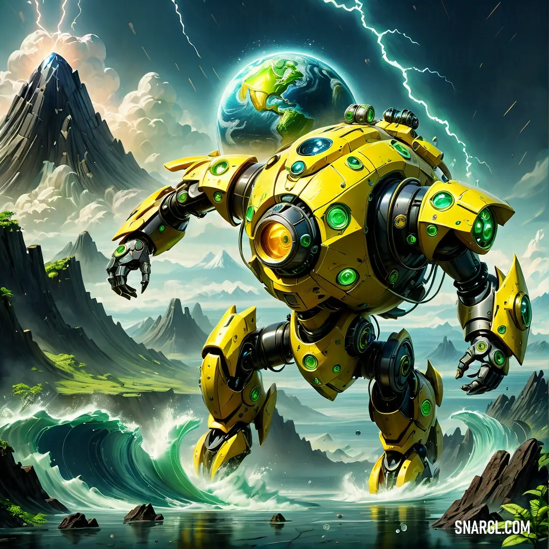 Peridot color example: Yellow robot with green eyes is in the air above a body of water and a mountain range with a lightning bolt