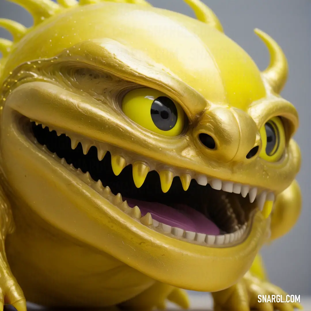 Yellow toy with a big mouth and big teeth on it's face and mouth is shown with a toothy grin. Example of CMYK 0,2,100,10 color.