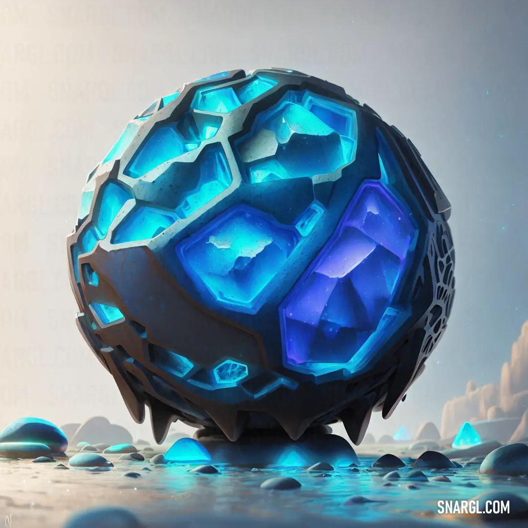 Blue ball with ice crystals on it on a rock covered ground with water around it and a sky background