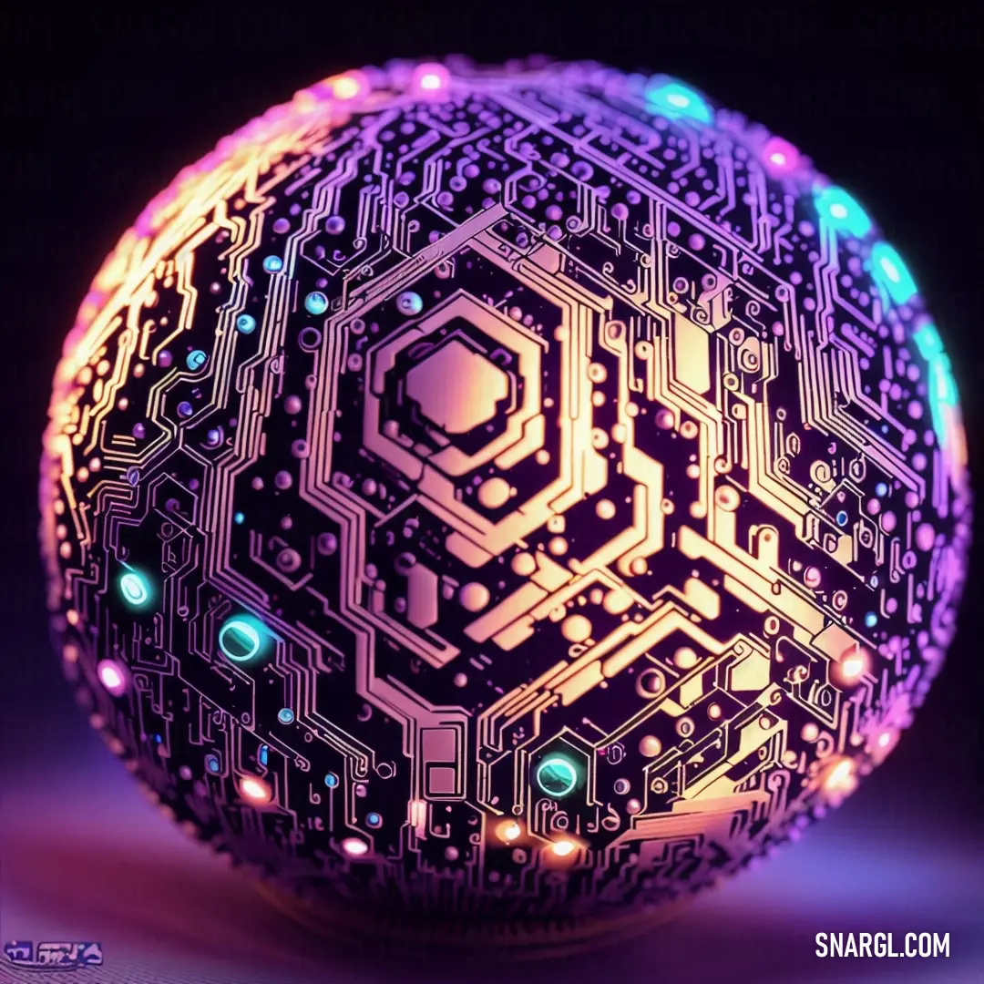 Computer ball with a pattern on it's surface and lights on it's sides and a black background