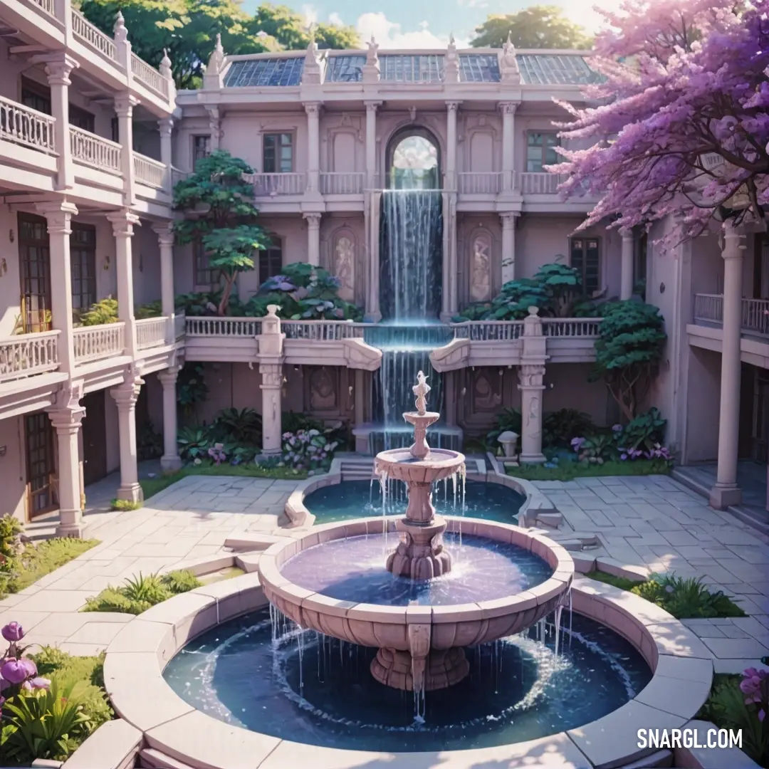 Periwinkle color. Fountain in a courtyard with a fountain in the middle of it
