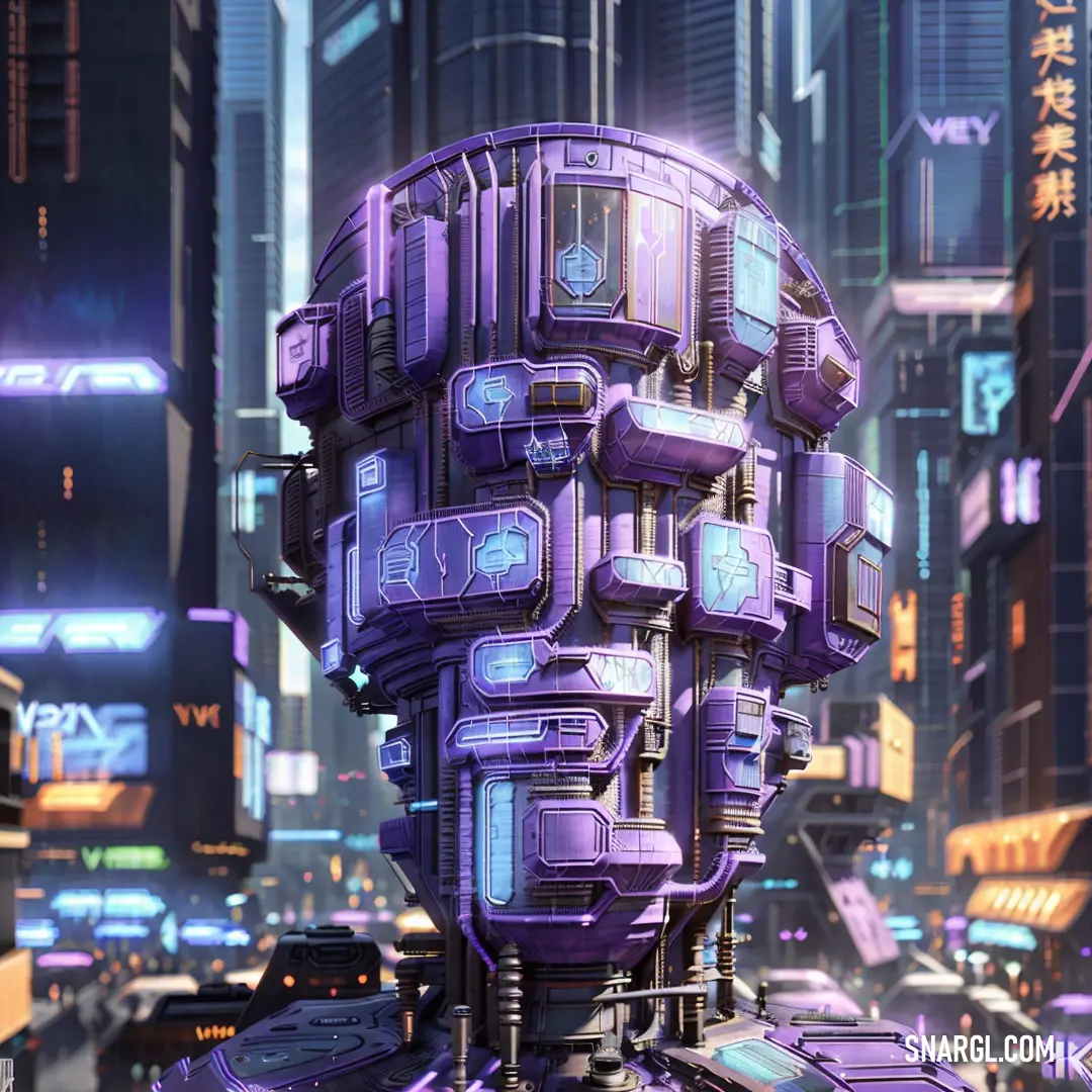 Futuristic city with a giant purple robot head in the middle of the street with neon lights on it. Example of Periwinkle color.
