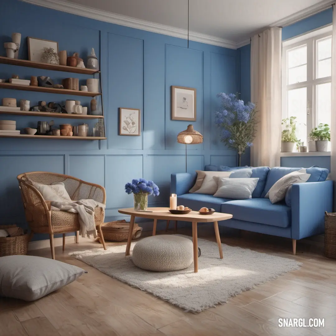 Living room with a blue couch and a coffee table in it and a window with a view of the outside